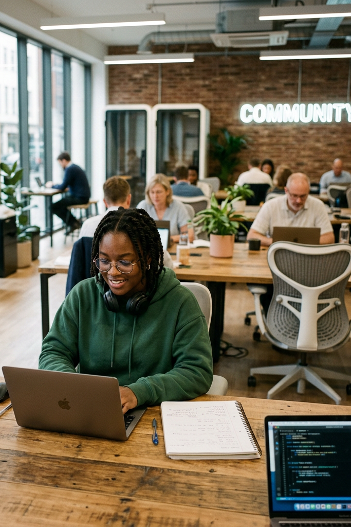 Diverse group of people working on laptops in a bright coworking space with 'Community' neon sign