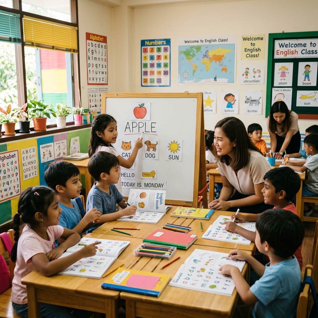 Young children learning English words in a classroom with teacher