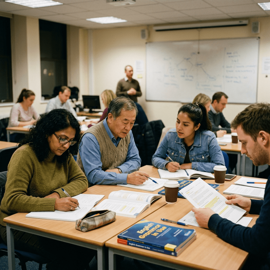 Adults studying together at desks with books and notes in a classroom